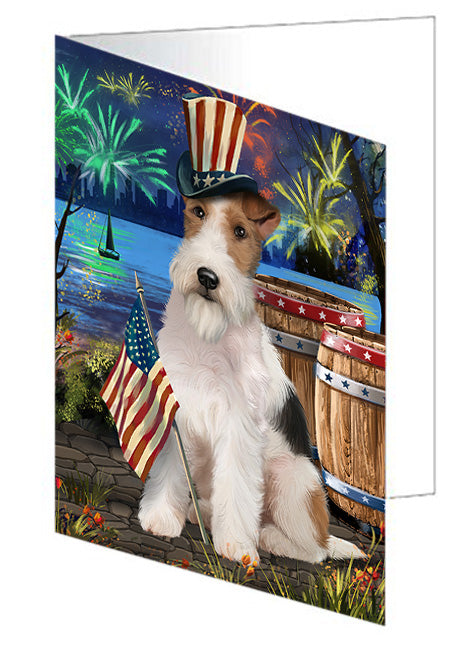 4th of July Independence Day Fireworks Wire Hair Fox Terrier Dog at the Lake Handmade Artwork Assorted Pets Greeting Cards and Note Cards with Envelopes for All Occasions and Holiday Seasons GCD57803
