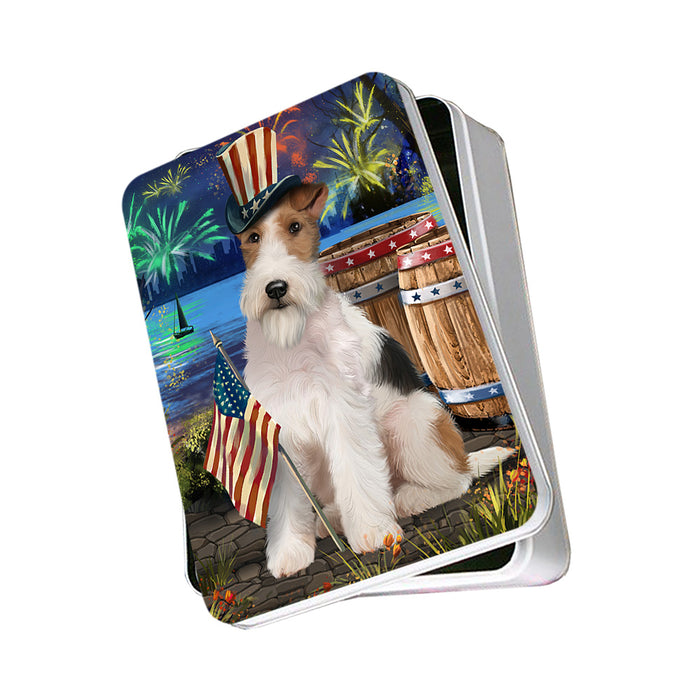 4th of July Independence Day Fireworks Wire Hair Fox Terrier Dog at the Lake Photo Storage Tin PITN51258