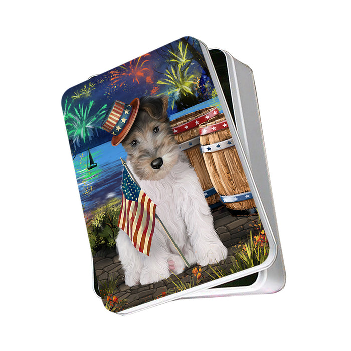4th of July Independence Day Fireworks Wire Hair Fox Terrier Dog at the Lake Photo Storage Tin PITN51259
