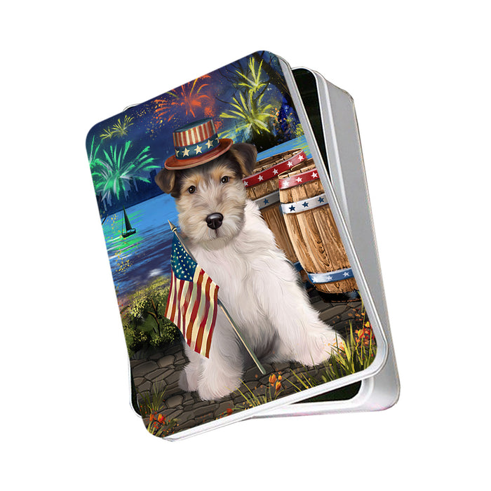 4th of July Independence Day Fireworks Wire Hair Fox Terrier Dog at the Lake Photo Storage Tin PITN51260