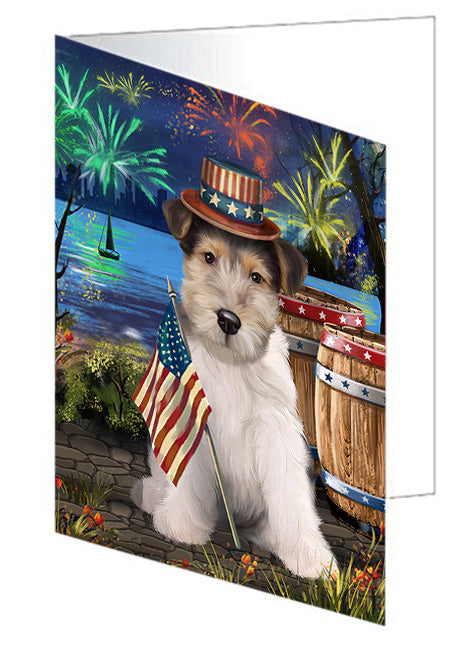 4th of July Independence Day Fireworks Wire Hair Fox Terrier Dog at the Lake Handmade Artwork Assorted Pets Greeting Cards and Note Cards with Envelopes for All Occasions and Holiday Seasons GCD57809