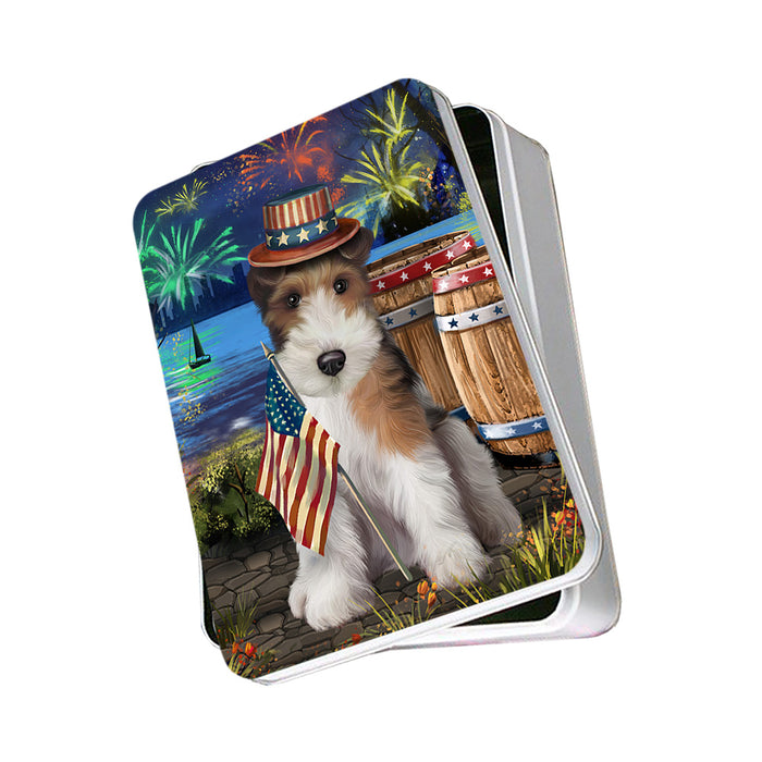 4th of July Independence Day Fireworks Wire Hair Fox Terrier Dog at the Lake Photo Storage Tin PITN51261