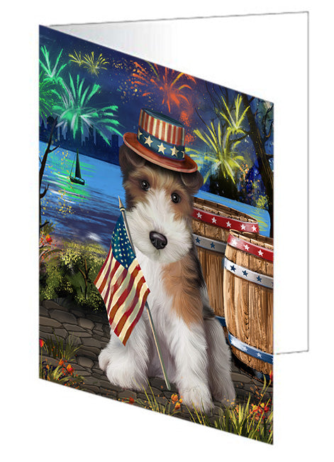 4th of July Independence Day Fireworks Wire Hair Fox Terrier Dog at the Lake Handmade Artwork Assorted Pets Greeting Cards and Note Cards with Envelopes for All Occasions and Holiday Seasons GCD57812