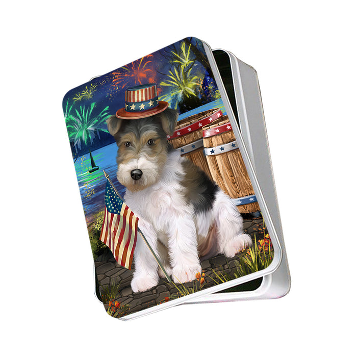 4th of July Independence Day Fireworks Wire Hair Fox Terrier Dog at the Lake Photo Storage Tin PITN51262
