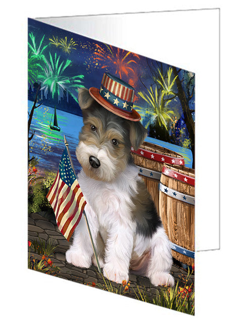 4th of July Independence Day Fireworks Wire Hair Fox Terrier Dog at the Lake Handmade Artwork Assorted Pets Greeting Cards and Note Cards with Envelopes for All Occasions and Holiday Seasons GCD57815