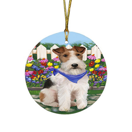 Spring Floral Wire Hair Terrier Dog Round Flat Christmas Ornament RFPOR52277
