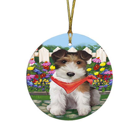 Spring Floral Wire Hair Terrier Dog Round Flat Christmas Ornament RFPOR52278