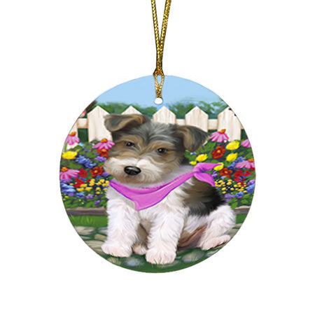 Spring Floral Wire Hair Terrier Dog Round Flat Christmas Ornament RFPOR52279