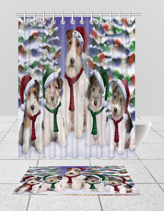 Wire Fox Terrier Dogs Christmas Family Portrait in Holiday Scenic Background  Bath Mat and Shower Curtain Combo