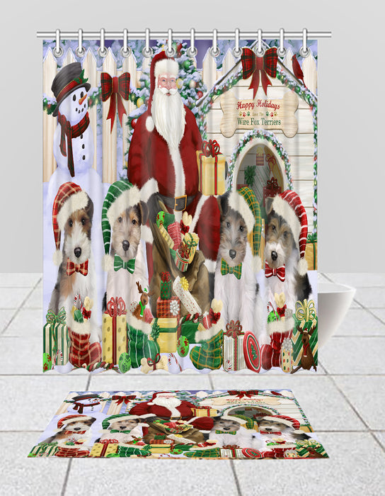 Happy Holidays Christmas Wire Fox Terrier Dogs House Gathering Bath Mat and Shower Curtain Combo