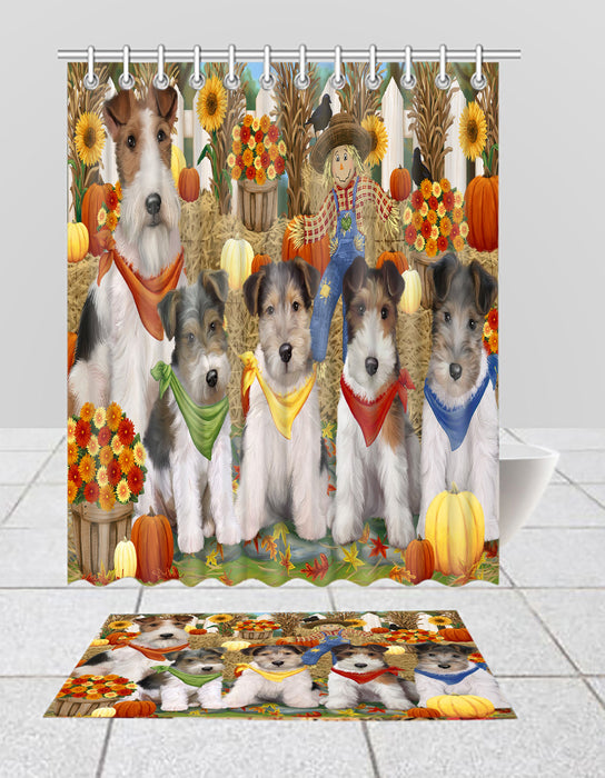 Fall Festive Harvest Time Gathering Wire Fox Terrier Dogs Bath Mat and Shower Curtain Combo
