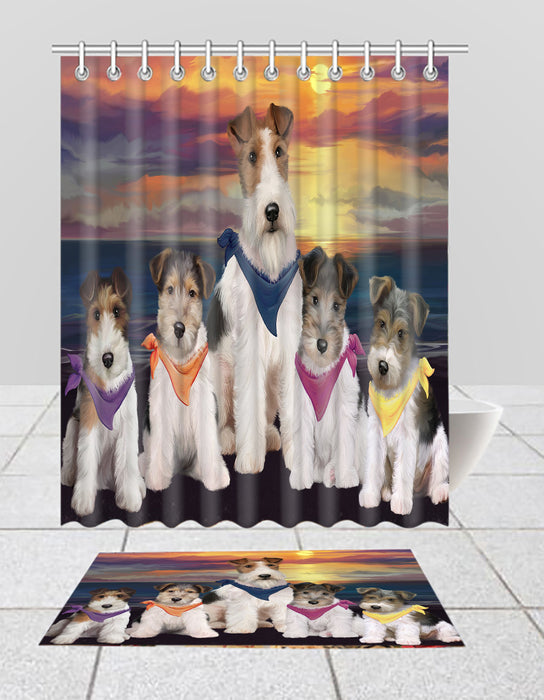 Family Sunset Portrait Wire Fox Terrier Dogs Bath Mat and Shower Curtain Combo