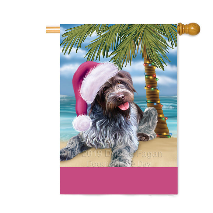 Personalized Summertime Happy Holidays Christmas Wirehaired Pointing Griffon Dog on Tropical Island Beach Custom House Flag FLG-DOTD-A60610