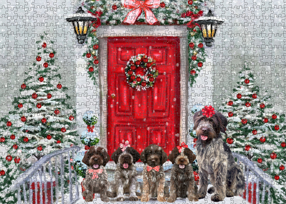 Christmas Holiday Welcome Wirehaired Pointing Griffon Dogs Portrait Jigsaw Puzzle for Adults Animal Interlocking Puzzle Game Unique Gift for Dog Lover's with Metal Tin Box