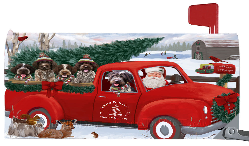 Christmas Santa Express Delivery Red Truck Wirehaired Pointing Griffon Dogs Magnetic Mailbox Cover Both Sides Pet Theme Printed Decorative Letter Box Wrap Case Postbox Thick Magnetic Vinyl Material