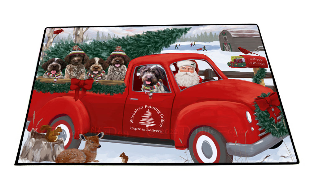 Christmas Santa Express Delivery Red Truck Wirehaired Pointing Griffon Dogs Floor Mat- Anti-Slip Pet Door Mat Indoor Outdoor Front Rug Mats for Home Outside Entrance Pets Portrait Unique Rug Washable Premium Quality Mat