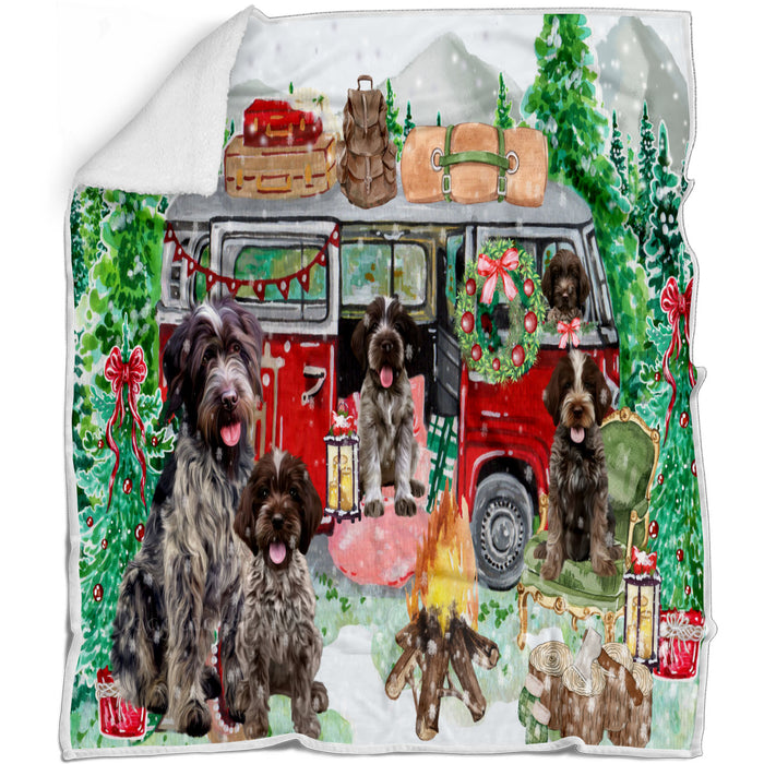 Christmas Time Camping with Wirehaired Pointing Griffon Dogs Blanket - Lightweight Soft Cozy and Durable Bed Blanket - Animal Theme Fuzzy Blanket for Sofa Couch