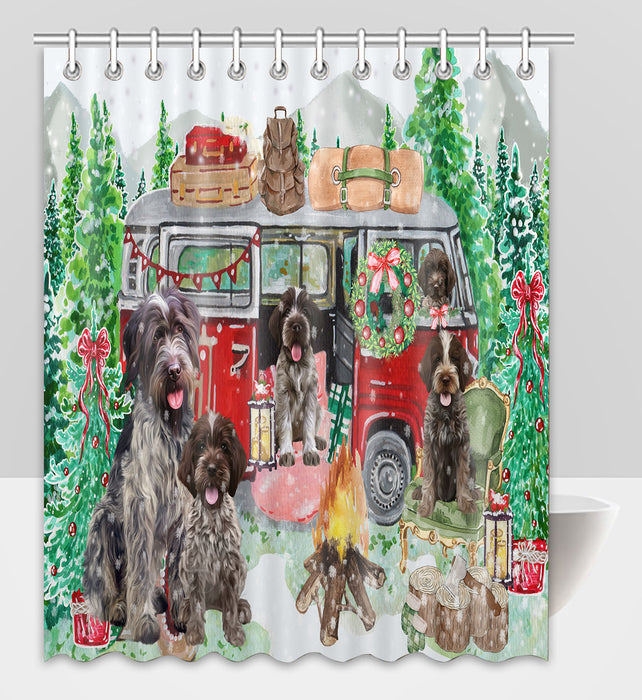Christmas Time Camping with Wirehaired Pointing Griffon Dogs Shower Curtain Pet Painting Bathtub Curtain Waterproof Polyester One-Side Printing Decor Bath Tub Curtain for Bathroom with Hooks