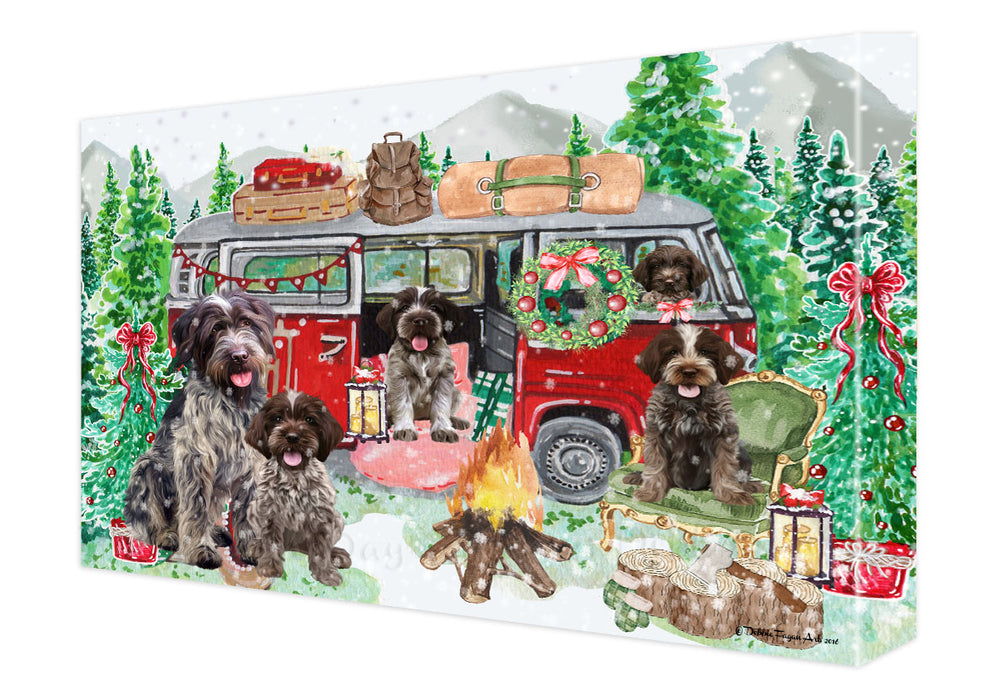 Christmas Time Camping with Wirehaired Pointing Griffon Dogs Canvas Wall Art - Premium Quality Ready to Hang Room Decor Wall Art Canvas - Unique Animal Printed Digital Painting for Decoration