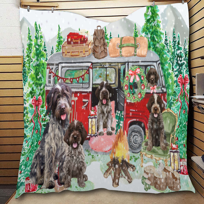 Christmas Time Camping with Wirehaired Pointing Griffon Dogs  Quilt Bed Coverlet Bedspread - Pets Comforter Unique One-side Animal Printing - Soft Lightweight Durable Washable Polyester Quilt