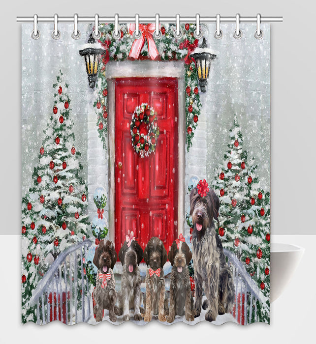 Christmas Holiday Welcome Wirehaired Pointing Griffon Dogs Shower Curtain Pet Painting Bathtub Curtain Waterproof Polyester One-Side Printing Decor Bath Tub Curtain for Bathroom with Hooks