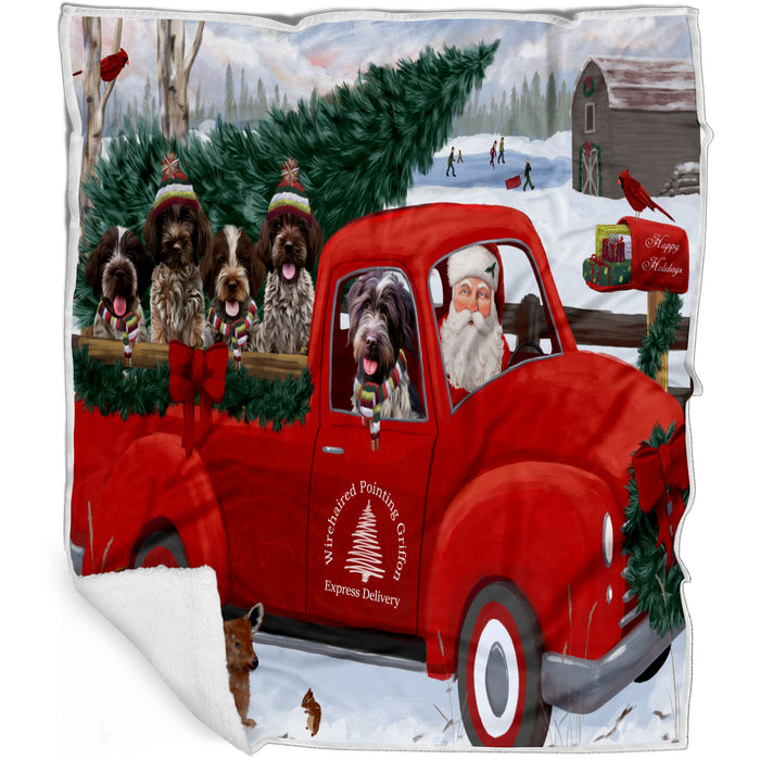 Christmas Santa Express Delivery Red Truck Wirehaired Pointing Griffon Dogs Blanket - Lightweight Soft Cozy and Durable Bed Blanket - Animal Theme Fuzzy Blanket for Sofa Couch