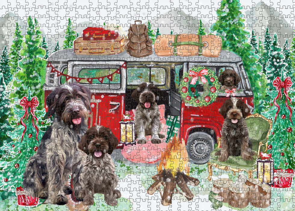 Christmas Time Camping with Wirehaired Pointing Griffon Dogs Portrait Jigsaw Puzzle for Adults Animal Interlocking Puzzle Game Unique Gift for Dog Lover's with Metal Tin Box