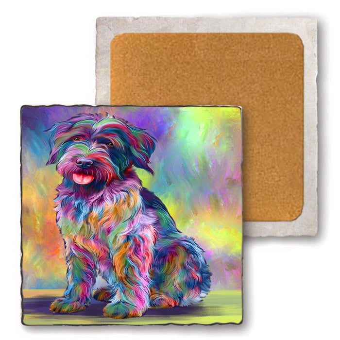 Paradise Wave Wirehaired Pointing Griffon Dog Set of 4 Natural Stone Marble Tile Coasters MCST52531