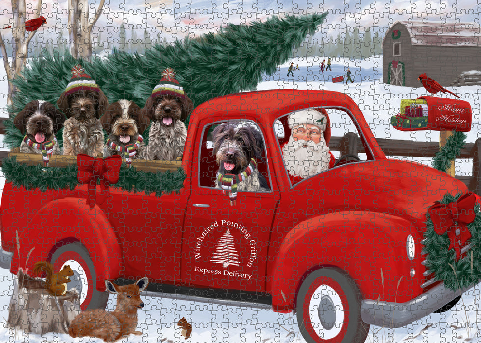 Christmas Santa Express Delivery Red Truck Wirehaired Pointing Griffon Dogs Portrait Jigsaw Puzzle for Adults Animal Interlocking Puzzle Game Unique Gift for Dog Lover's with Metal Tin Box