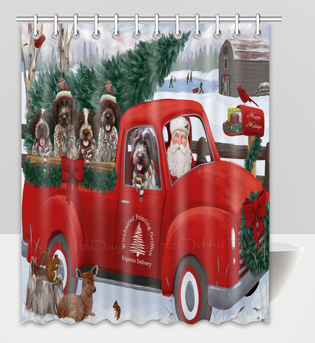 Christmas Santa Express Delivery Red Truck Wirehaired Pointing Griffon Dogs Shower Curtain Pet Painting Bathtub Curtain Waterproof Polyester One-Side Printing Decor Bath Tub Curtain for Bathroom with Hooks