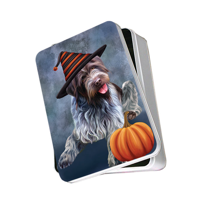 Happy Halloween Wirehaired Pointing Griffon Dog Wearing Witch Hat with Pumpkin Photo Storage Tin PITN54788