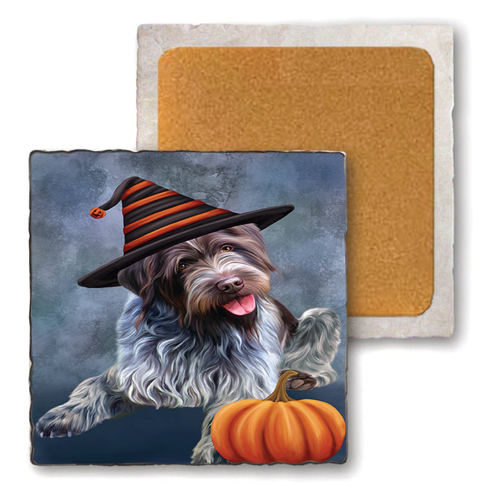Happy Halloween Wirehaired Pointing Griffon Dog Wearing Witch Hat with Pumpkin Set of 4 Natural Stone Marble Tile Coasters MCST49845