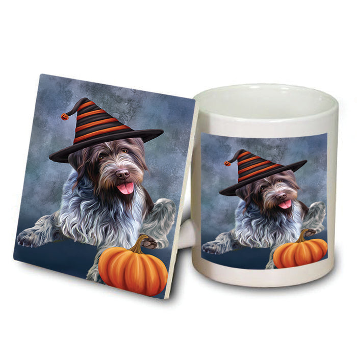 Happy Halloween Wirehaired Pointing Griffon Dog Wearing Witch Hat with Pumpkin Mug and Coaster Set MUC54837