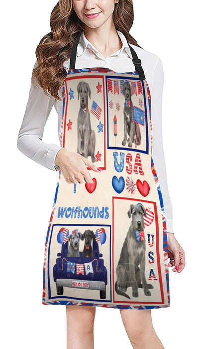 4th of July Independence Day I Love USA Wolfhound Dogs Apron - Adjustable Long Neck Bib for Adults - Waterproof Polyester Fabric With 2 Pockets - Chef Apron for Cooking, Dish Washing, Gardening, and Pet Grooming