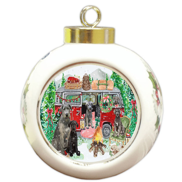 Christmas Time Camping with Wolfhound Dogs Round Ball Christmas Ornament Pet Decorative Hanging Ornaments for Christmas X-mas Tree Decorations - 3" Round Ceramic Ornament
