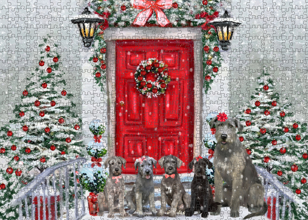 Christmas Holiday Welcome Wolfhound Dogs Portrait Jigsaw Puzzle for Adults Animal Interlocking Puzzle Game Unique Gift for Dog Lover's with Metal Tin Box