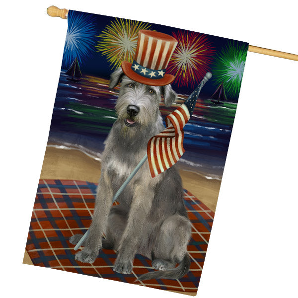 4th of July Independence Day Firework Wolfhound Dog House Flag Outdoor Decorative Double Sided Pet Portrait Weather Resistant Premium Quality Animal Printed Home Decorative Flags 100% Polyester FLG68862