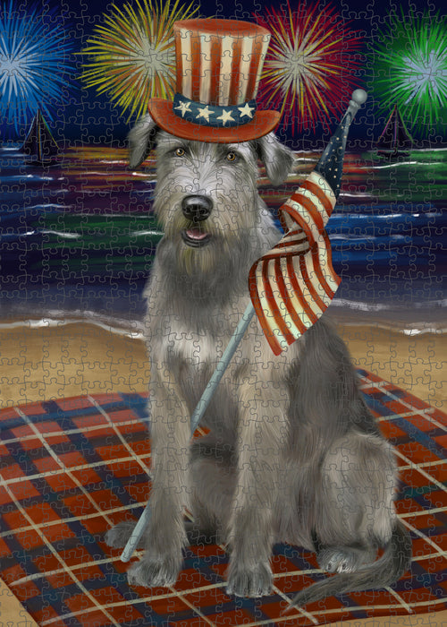 4th of July Independence Day Firework Wolfhound Dog Portrait Jigsaw Puzzle for Adults Animal Interlocking Puzzle Game Unique Gift for Dog Lover's with Metal Tin Box PZL416