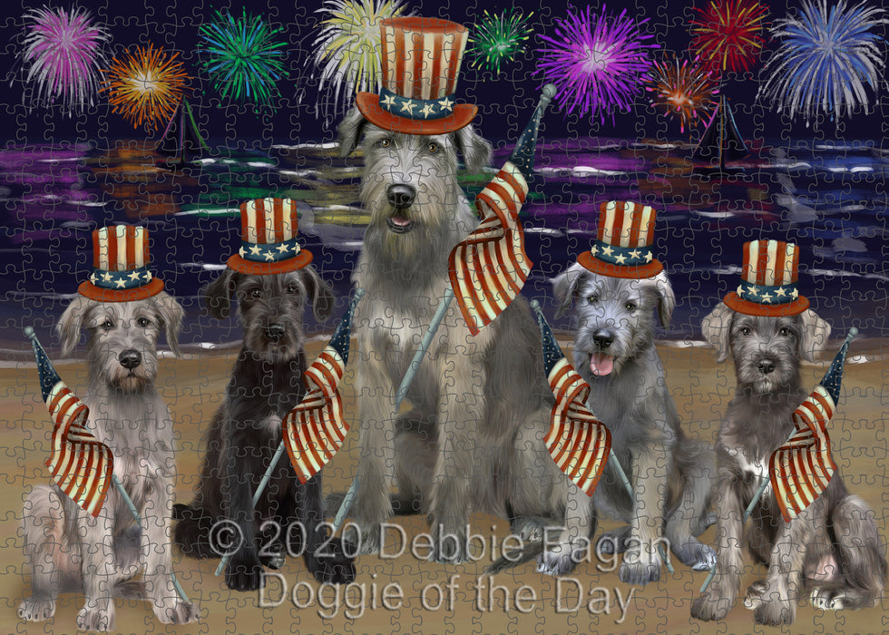 4th of July Independence Day Firework Wolfhound Dogs Portrait Jigsaw Puzzle for Adults Animal Interlocking Puzzle Game Unique Gift for Dog Lover's with Metal Tin Box