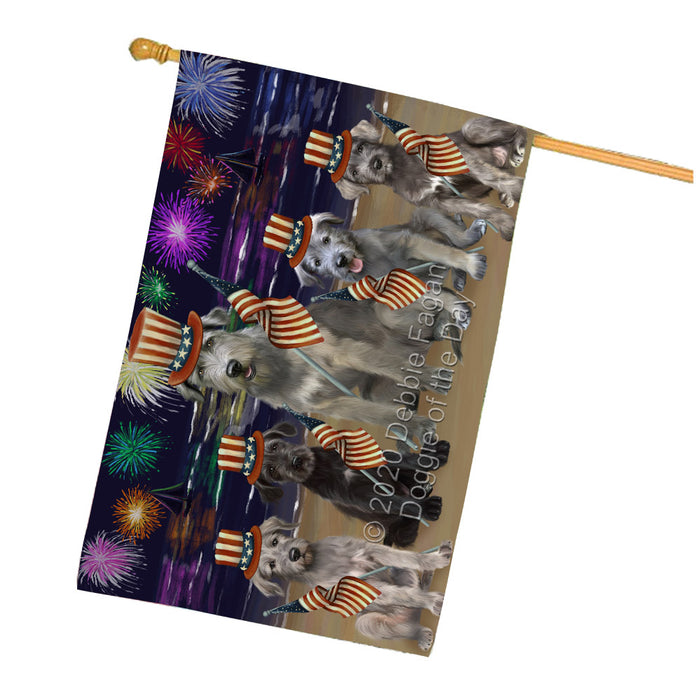 4th of July Independence Day Firework Wolfhound Dogs House Flag Outdoor Decorative Double Sided Pet Portrait Weather Resistant Premium Quality Animal Printed Home Decorative Flags 100% Polyester
