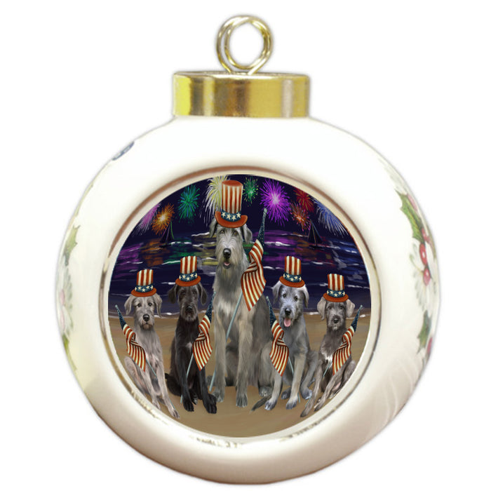 4th of July Independence Day Firework Wolfhound Dogs Round Ball Christmas Ornament Pet Decorative Hanging Ornaments for Christmas X-mas Tree Decorations - 3" Round Ceramic Ornament