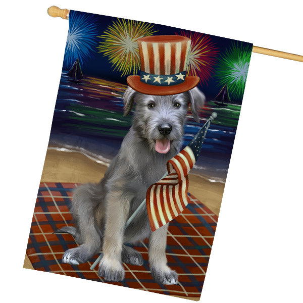 4th of July Independence Day Firework Wolfhound Dog House Flag Outdoor Decorative Double Sided Pet Portrait Weather Resistant Premium Quality Animal Printed Home Decorative Flags 100% Polyester FLG68863