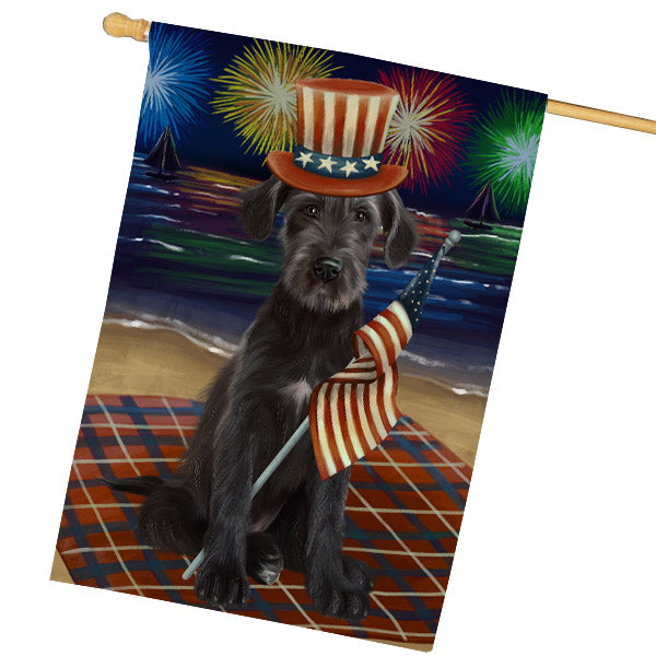 4th of July Independence Day Firework Wolfhound Dog House Flag Outdoor Decorative Double Sided Pet Portrait Weather Resistant Premium Quality Animal Printed Home Decorative Flags 100% Polyester FLG68864