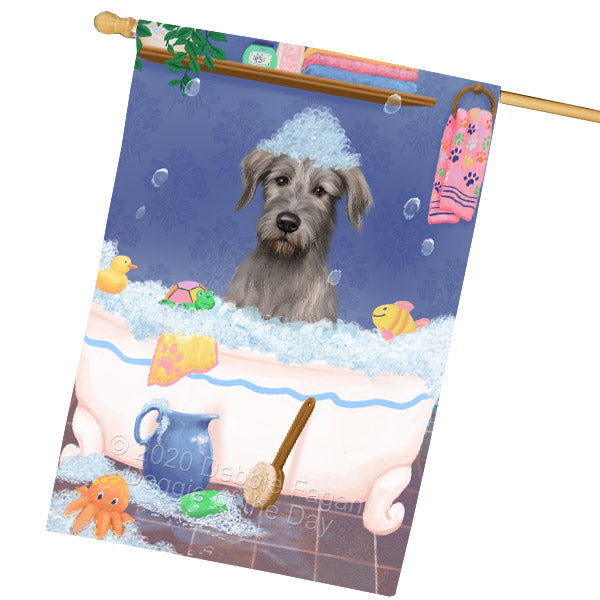 Rub a Dub Dogs in a Tub Wolfhound Dog House Flag Outdoor Decorative Double Sided Pet Portrait Weather Resistant Premium Quality Animal Printed Home Decorative Flags 100% Polyester FLG69151