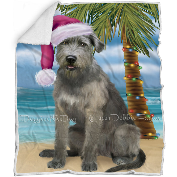 Summertime Happy Holidays Christmas Wolfhound Dog on Tropical Island Beach Blanket BLNKT143452