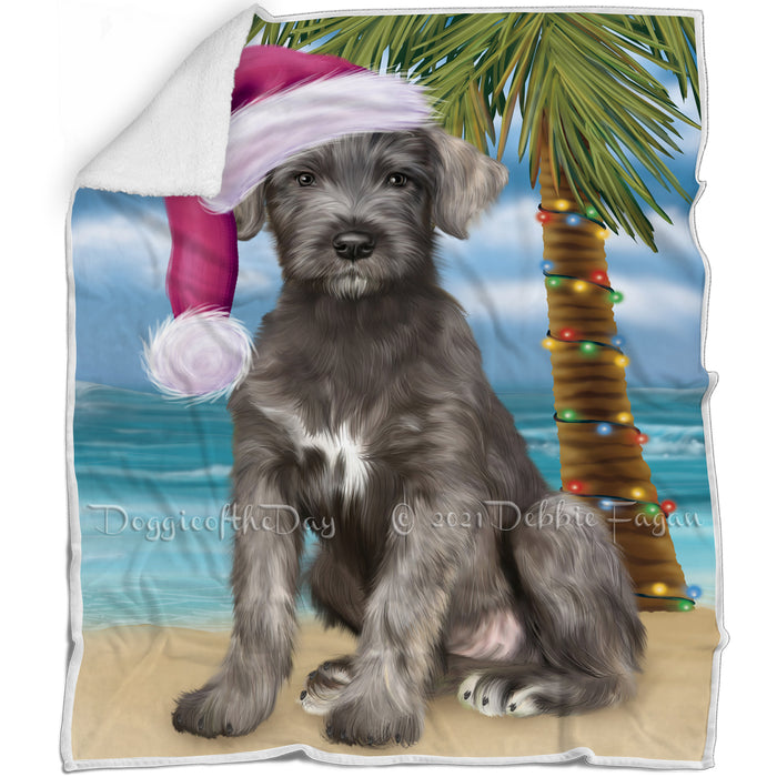 Summertime Happy Holidays Christmas Wolfhound Dog on Tropical Island Beach Blanket BLNKT143453
