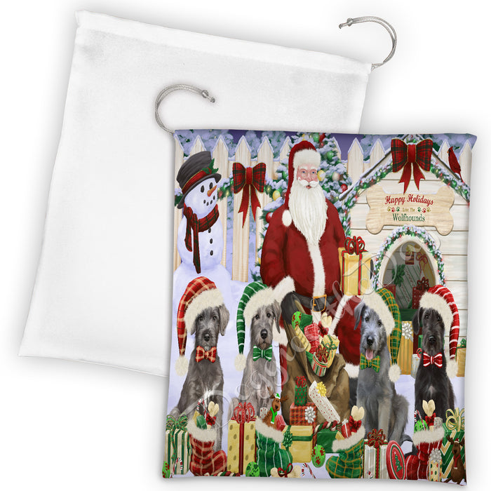 Happy Holidays Christmas Wolfhound Dogs House Gathering Drawstring Laundry or Gift Bag LGB48095