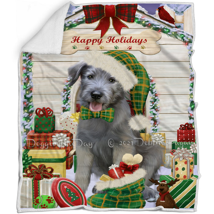 Happy Holidays Christmas Wolfhound Dog House with Presents Blanket BLNKT142125