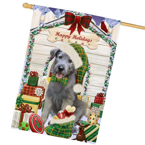 Christmas House with Presents Wolfhound Dog House Flag Outdoor Decorative Double Sided Pet Portrait Weather Resistant Premium Quality Animal Printed Home Decorative Flags 100% Polyester FLG69231