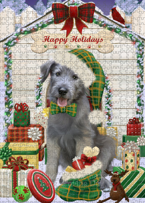 Christmas House with Presents Wolfhound Dog Portrait Jigsaw Puzzle for Adults Animal Interlocking Puzzle Game Unique Gift for Dog Lover's with Metal Tin Box PZL666